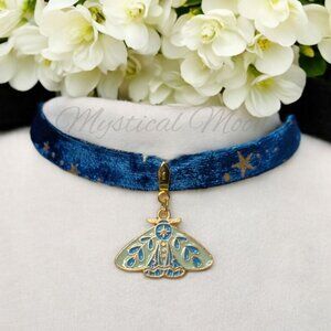 Night Sky Celestial Stars Blue Velvet Choker Necklace with Moth Charm Pendant